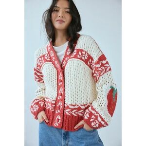 POL Cream and Red Chunky Knit Cardigan with Strawberry Detail